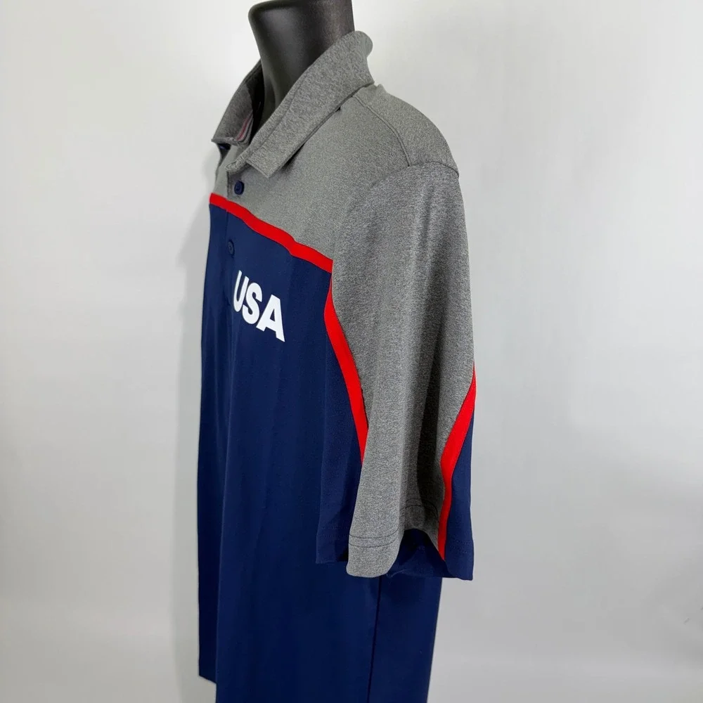 Adidas USA Golf Polo Mens Large Blue Grey Red FJ7884 UPF‎ 50 NWT